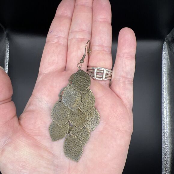Earrings Brass Chandelier Boho Layered Earthy Leaf Hook Back Lightweight - Picture 5 of 7